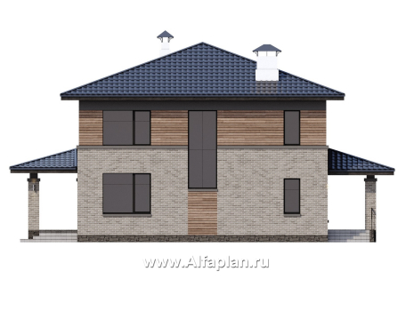 «Компас» - проект двухэтажного коттеджа, план дома со вторым светом и террасой, в стиле Райта - превью фасада дома