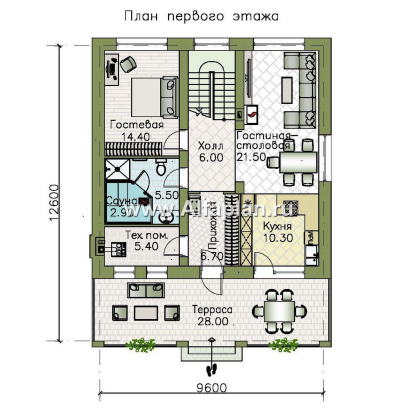 Проекты домов Альфаплан - "Невада" - проект дома из газобетона в стиле Райта - превью плана проекта №1