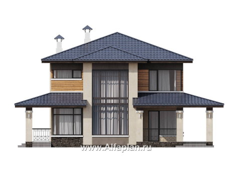 Проекты домов Альфаплан - "Монтана" - проект двухэтажного дома из кирпичей в стиле прерий (Райта) - превью фасада №1