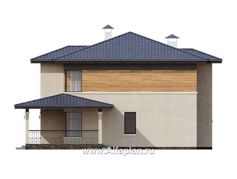 Проекты домов Альфаплан - "Монтана" - проект двухэтажного дома из кирпичей в стиле прерий (Райта) - превью фасада №2