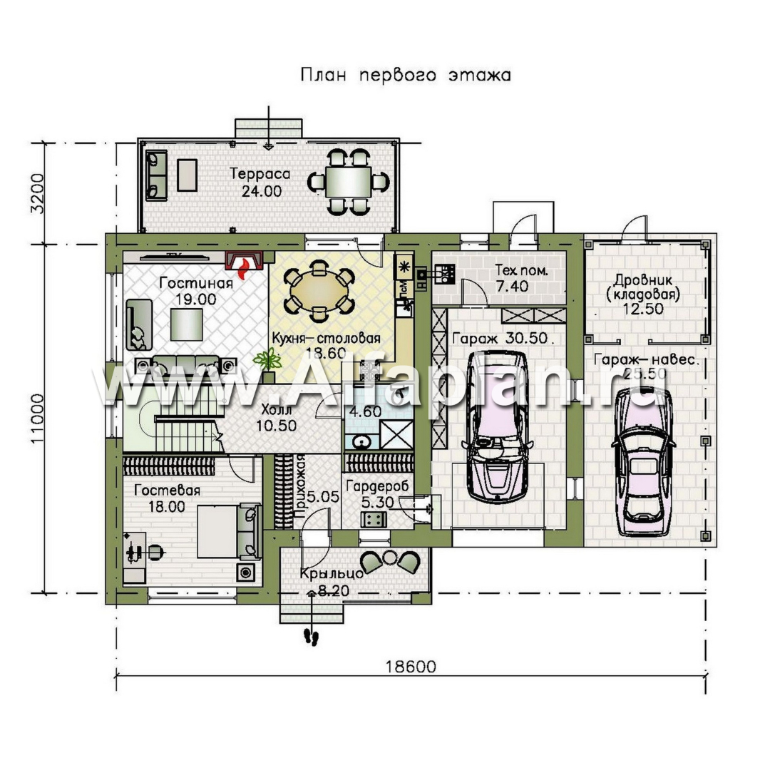 Проекты домов Альфаплан - "Сайма" - двухэтажный дом из кирпичей в баварском стиле, с гаражом - план проекта №1