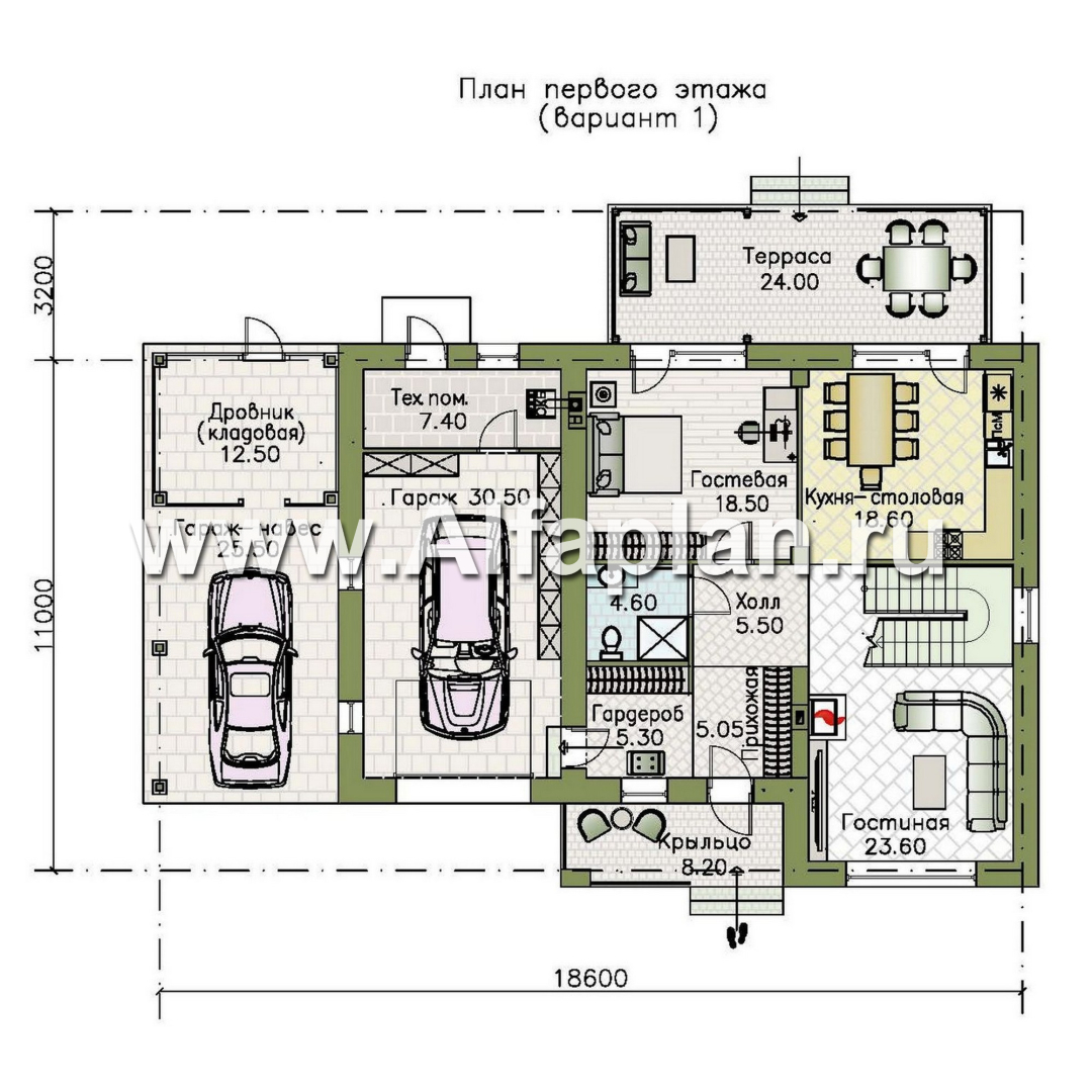 Проекты домов Альфаплан - "Вуокса" - современный двухэтажный коттедж, штукатурные фасады, с гаражом - изображение плана проекта №1