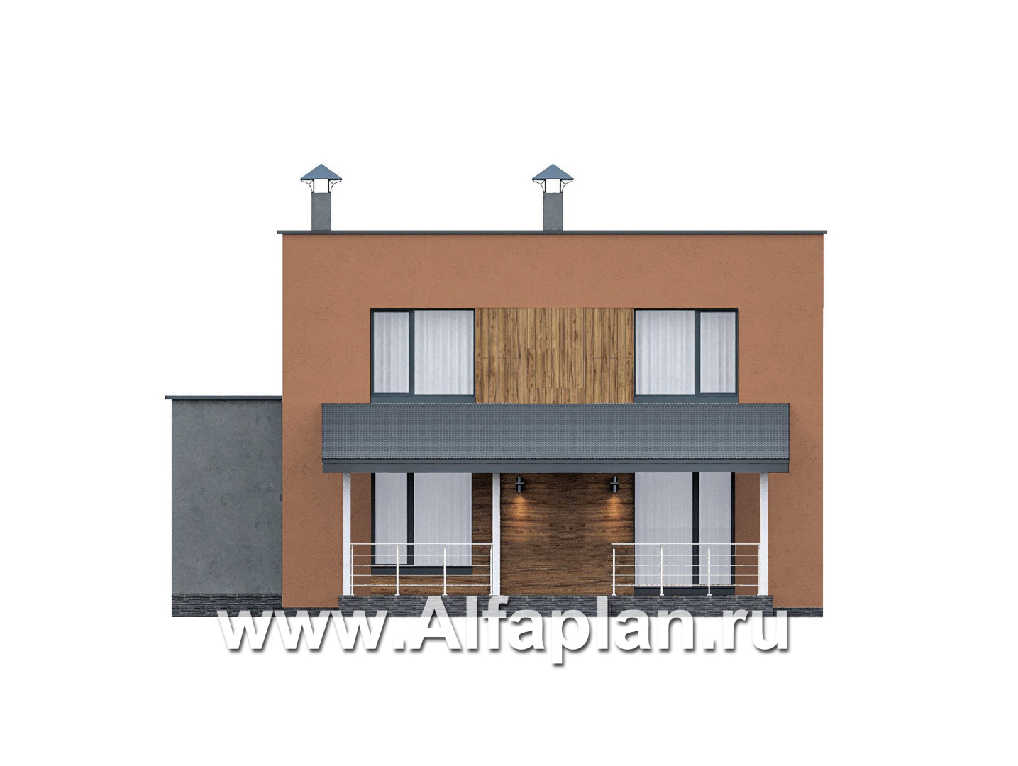 Проекты домов Альфаплан - "Коронадо" - проект дома, 2 этажа, с террасой и плоской крышей, мастер спальня, в стиле хай-тек - изображение фасада №4