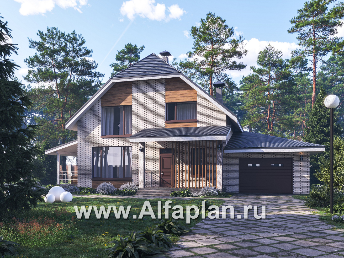Проекты домов Альфаплан - "Династия" - проект дома с мансардой, мастер спальня, с террасой сбоку и гаражом с мастерской - основное изображение