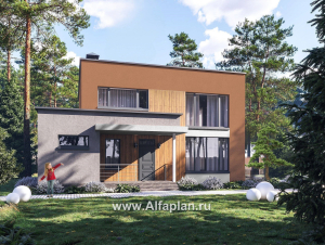 Проекты домов Альфаплан - "Коронадо" - проект дома, 2 этажа, с террасой и плоской крышей, мастер спальня, в стиле хай-тек - превью основного изображения