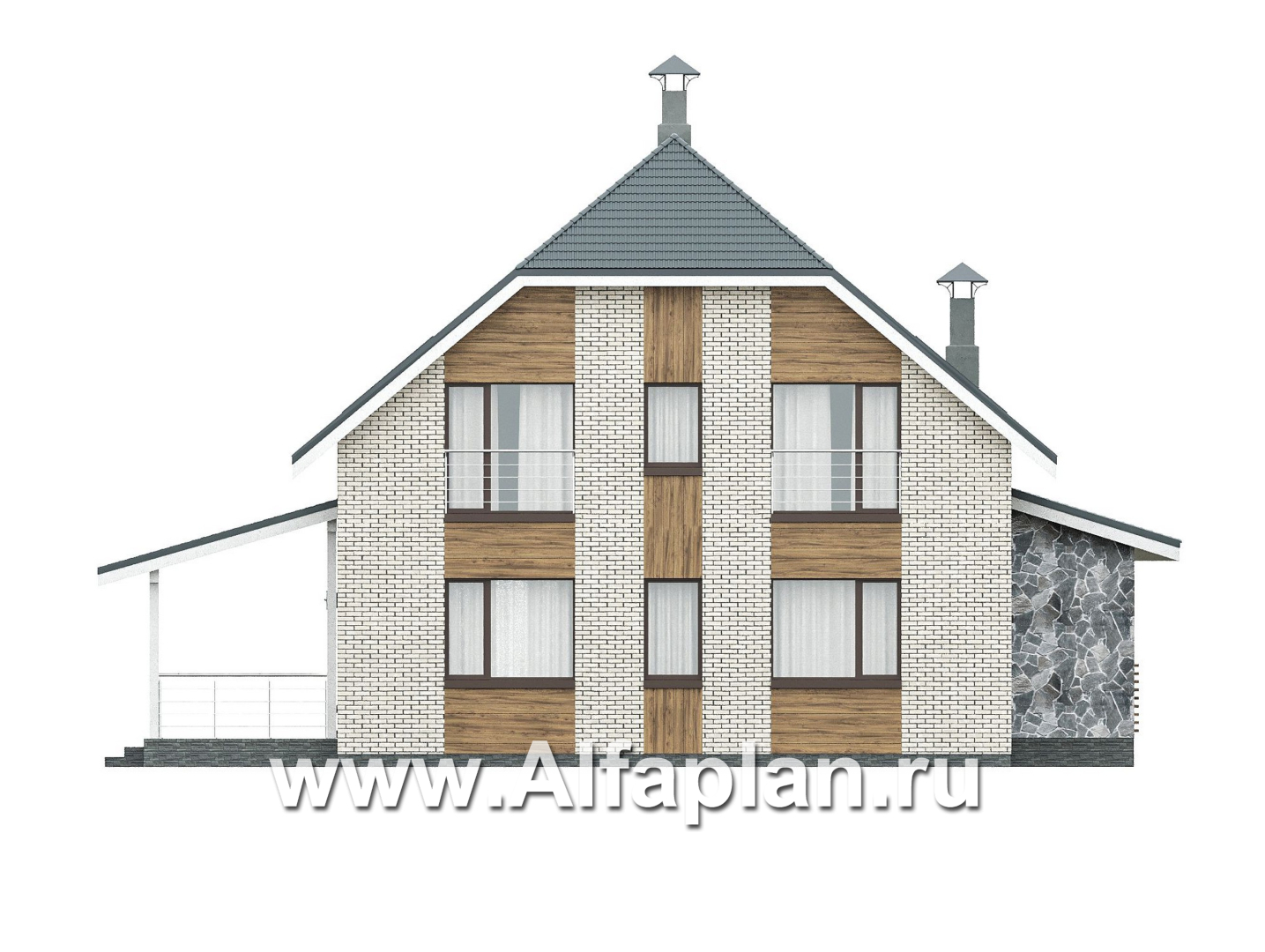Проекты домов Альфаплан - "Династия" - проект дома с мансардой, с террасой сбоку, мастер спальня - изображение фасада №4