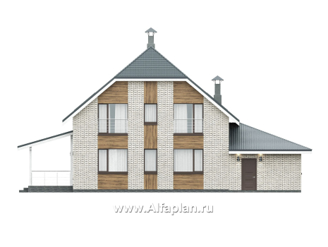 Проекты домов Альфаплан - "Династия" - проект дома с мансардой, мастер спальня, с террасой сбоку и гаражом с мастерской - превью фасада №4