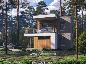 Проекты домов Альфаплан - "Викинг" - проект дома, 2 этажа, с сауной и с террасой, в стиле хай-тек - превью основного изображения