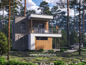 Проекты домов Альфаплан - "Викинг" - проект дома, 2 этажа, с сауной и с террасой, в стиле хай-тек - превью основного изображения