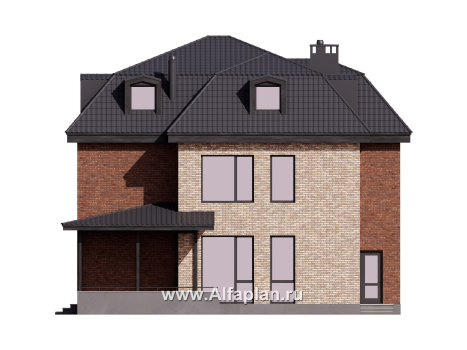 Проект двухэтажного дома, с мансардой, планировка с террасой и с биллиардной, в современном стиле - превью фасада дома