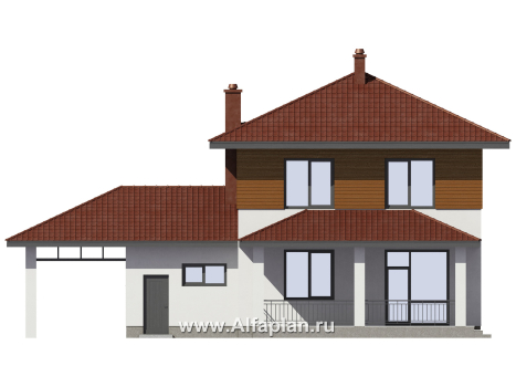 Проект загородного дома, c кабинетом на 1 эт и с террасой, гараж на 1 авто + навес на 2 авто - превью фасада дома