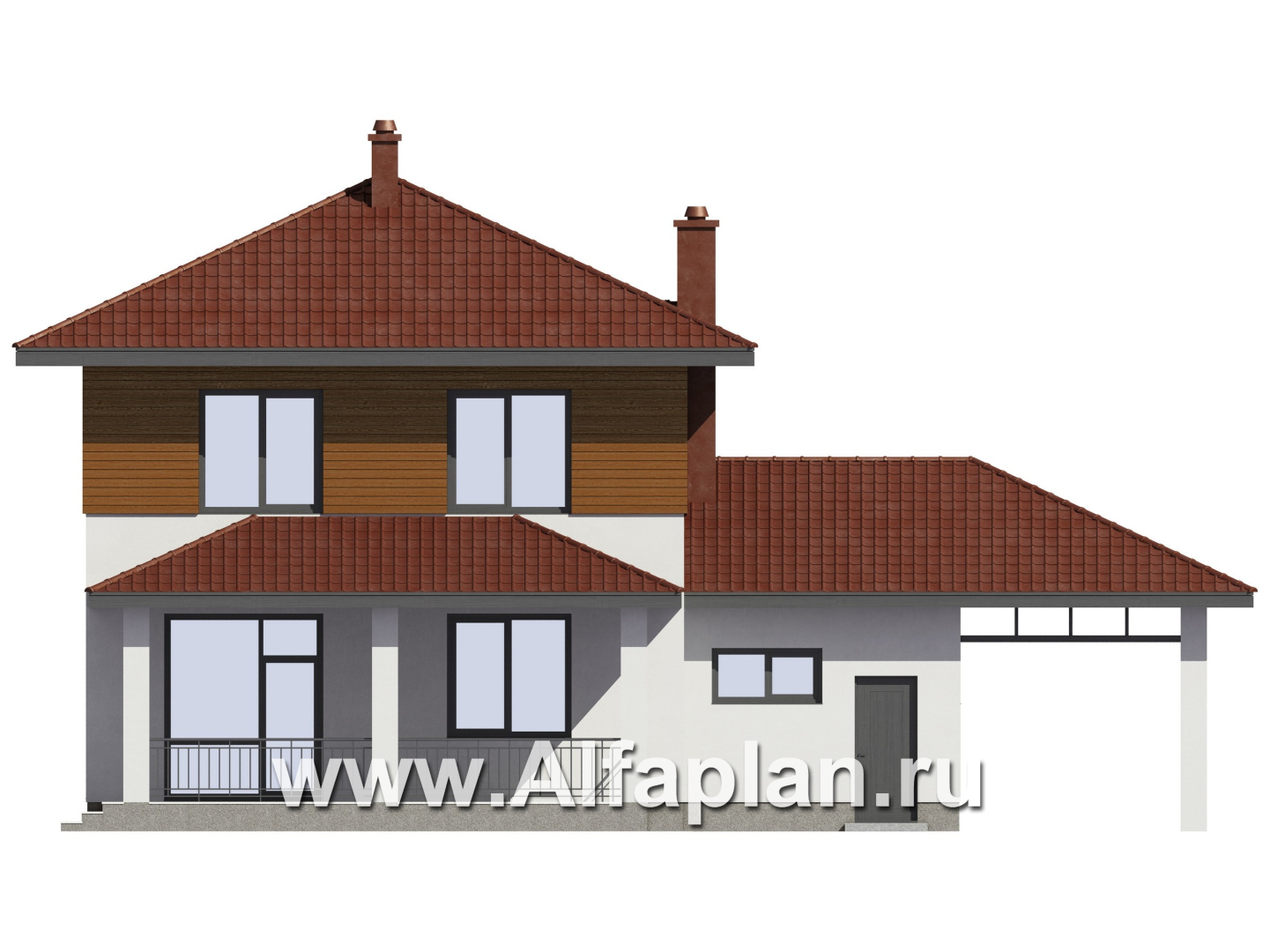 Проект загородного дома, c кабинетом на 1 эт и с террасой, гараж на 1 авто + навес на 2 авто - фасад дома