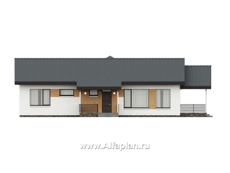 "Золотые поля" - проект одноэтажного дома, планировка мастер спальня и две детских, с террасой и двускатной крышей - превью фасада дома