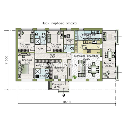 "Золотые поля" - проект одноэтажного дома, планировка мастер спальня и две детских, с террасой и двускатной крышей - превью план дома