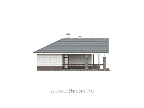 «Рубикон» - проект одноэтажного дома из кирпича, с панорамным эркером и с просторной террасой, в современном стиле - превью фасада дома