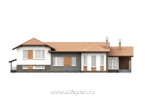 «Ной и команда» - проект полутораэтажного коттеджа, планировка мастер спальня, с эркером и с террасой, с сауной в цоколе  - превью фасада дома