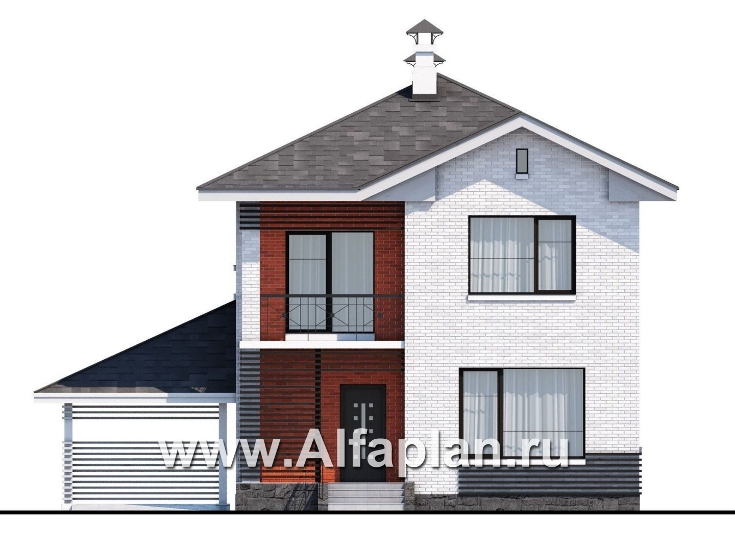 Проекты домов Альфаплан - Проект двухэтажного дома из кирпича «Серебро», с навесом для авто - изображение фасада №1