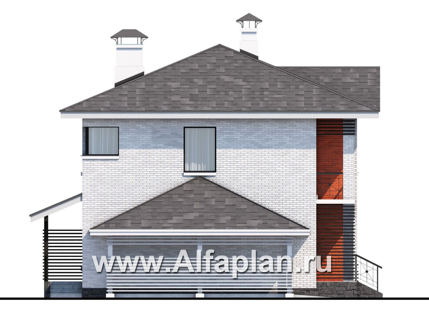 Проекты домов Альфаплан - Проект двухэтажного дома из кирпича «Серебро», с навесом для авто - изображение фасада №3