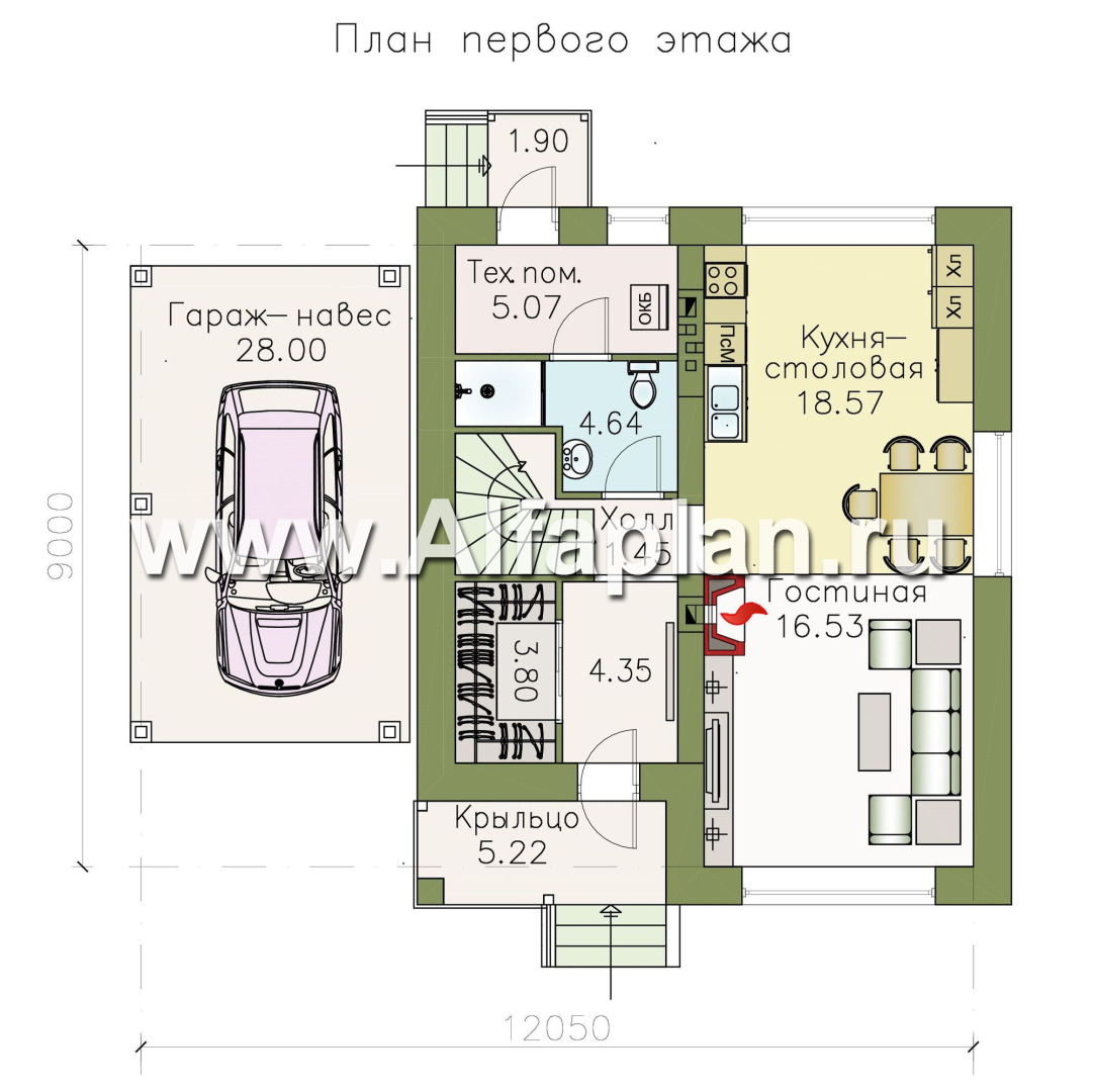 Проекты домов Альфаплан - Проект двухэтажного дома из кирпича «Серебро», с навесом для авто - изображение плана проекта №1