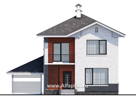 Проекты домов Альфаплан - Проект двухэтажного дома из кирпича «Серебро», с навесом для авто - превью фасада №1