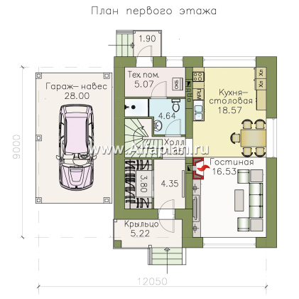 Проекты домов Альфаплан - Проект двухэтажного дома из кирпича «Серебро», с навесом для авто - превью плана проекта №1
