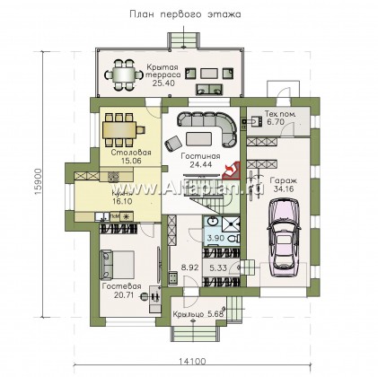 «Вишера» - проект двухэтажного дома, кабинет на 1 этаже, мастер спальня, оптимальная планировка с гаражом - превью план дома