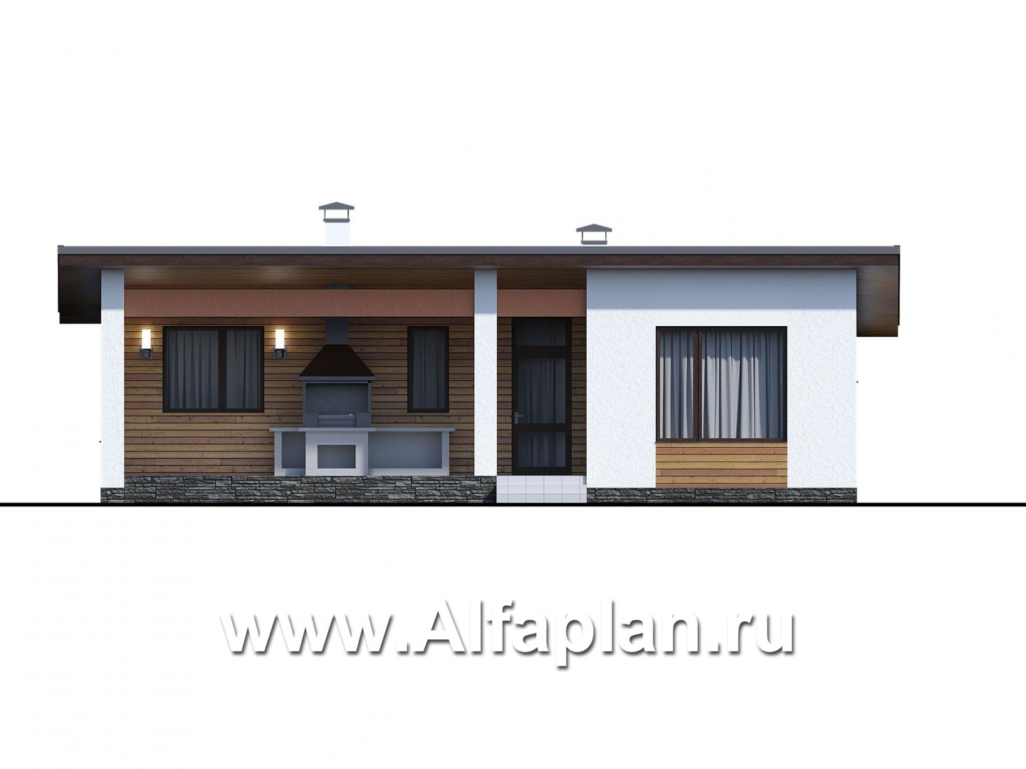 Проекты домов Альфаплан - «Эпсилон» - проект одноэтажного дома с террасой, в скандинавском стиле - изображение фасада №1