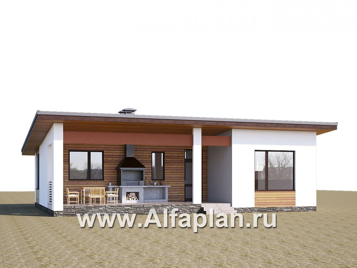 Проекты домов Альфаплан - «Эпсилон» - проект одноэтажного дома с террасой, в скандинавском стиле - дополнительное изображение №1