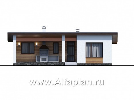 Проекты домов Альфаплан - «Эпсилон» - проект одноэтажного дома с террасой, в скандинавском стиле - превью фасада №1