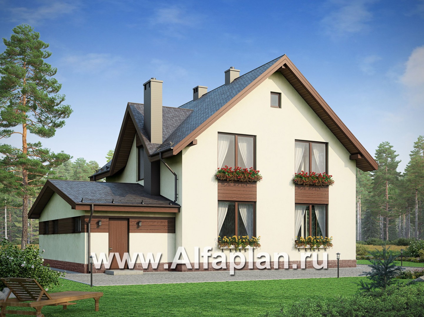 Проект дома с мансардой, 3 спальни, с камином и эркером, гостевая комната на 1 эт, терраса со стороны входа, гараж на 1 авто - дизайн дома №2