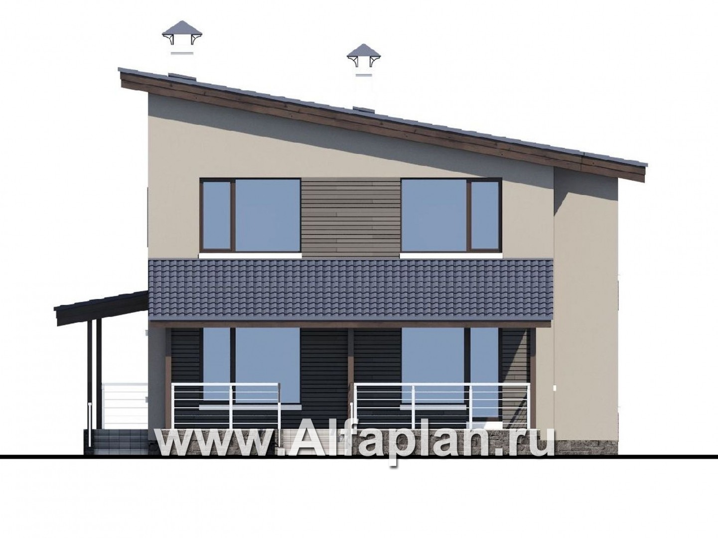 «Борей» - проект двухэтажного дома с террасой, планировка с кабинетом на 1 эт, в современном стиле с односкатной крышей - фасад дома