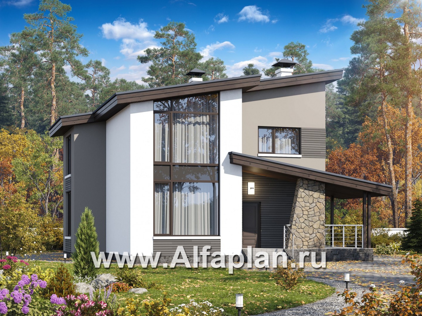 «Борей» - проект двухэтажного дома с террасой, планировка с кабинетом на 1 эт, в современном стиле с односкатной крышей - основное изображение