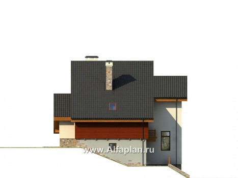Проект трехэтажного дома, с террасой и балконом, коттедж для участка с рельефом - превью фасада дома