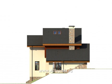 Проект трехэтажного дома, с террасой и балконом, коттедж для участка с рельефом - превью фасада дома