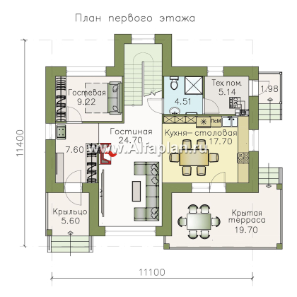 «Модерн» - проект двухэтажного дома из газобетона, с гостевой комнатой, с террасой, в стиле модерн (Серебряный век) - превью план дома