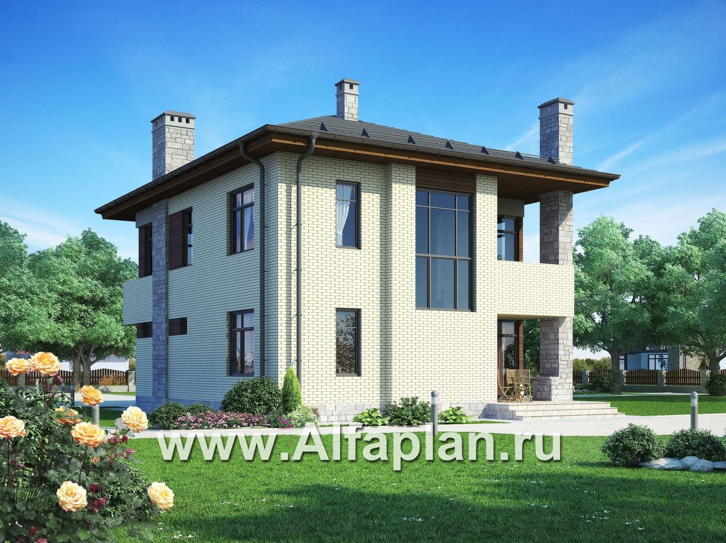 Проект двухэтажного дома, планировка с гостевой на 1 эт и с террасой, мастер спальня, в современном стиле - основное изображение