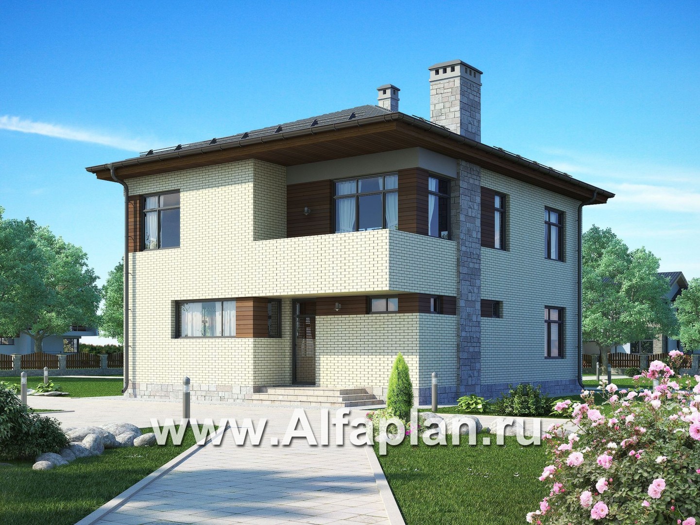 Проект двухэтажного дома, планировка с гостевой на 1 эт и с террасой, мастер спальня, в современном стиле - дизайн дома №1