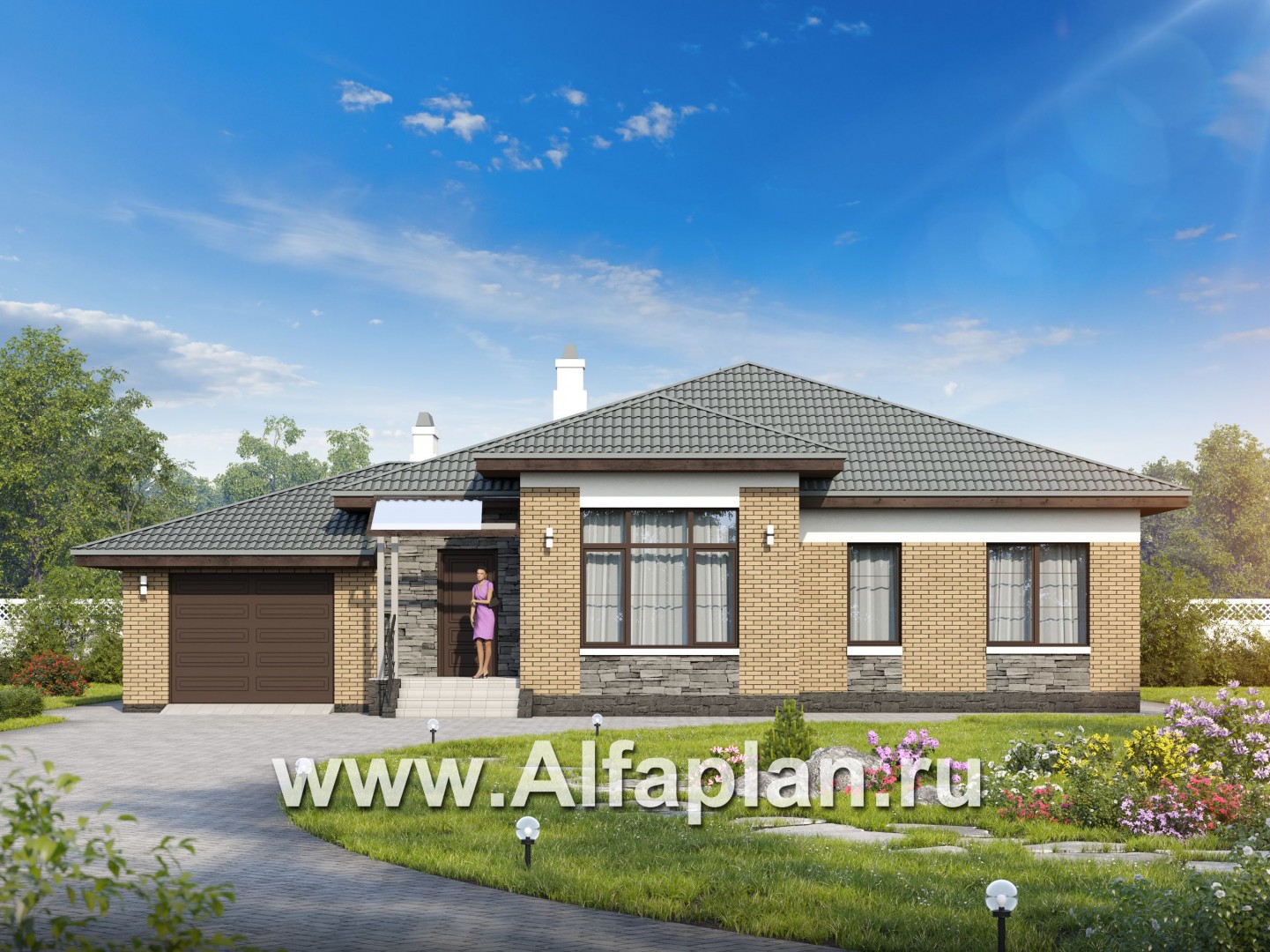 «Княженика» - проект одноэтажного дома, с террасой, планировка 2 спальни и сауна, гараж на 1 авто, для небольшой семьи - основное изображение