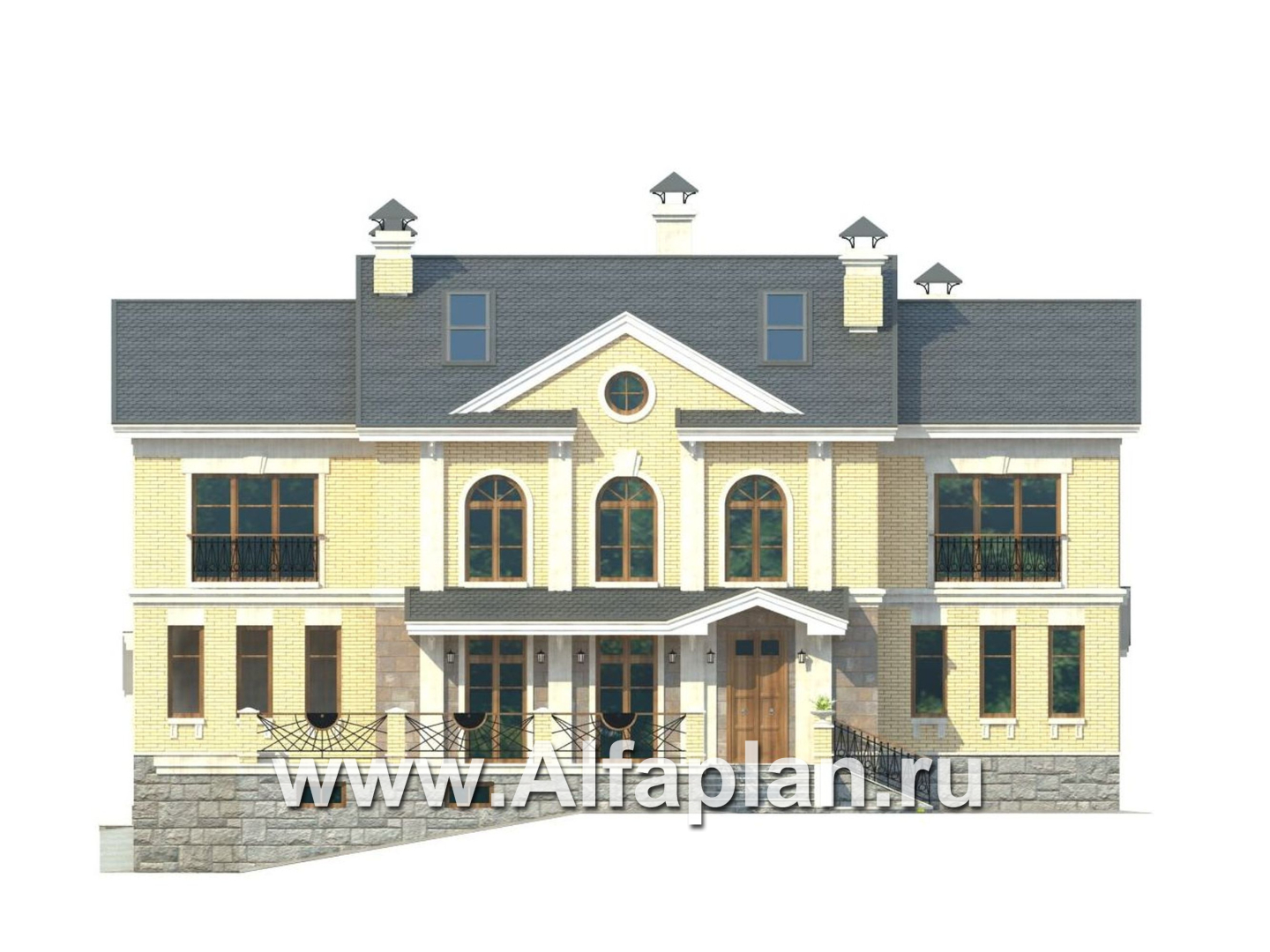 Проекты домов Альфаплан - «Поместье» - проект двухэтажного дома, с мансардойи двусветной гостиной, вилла в классическом стиле - изображение фасада №1