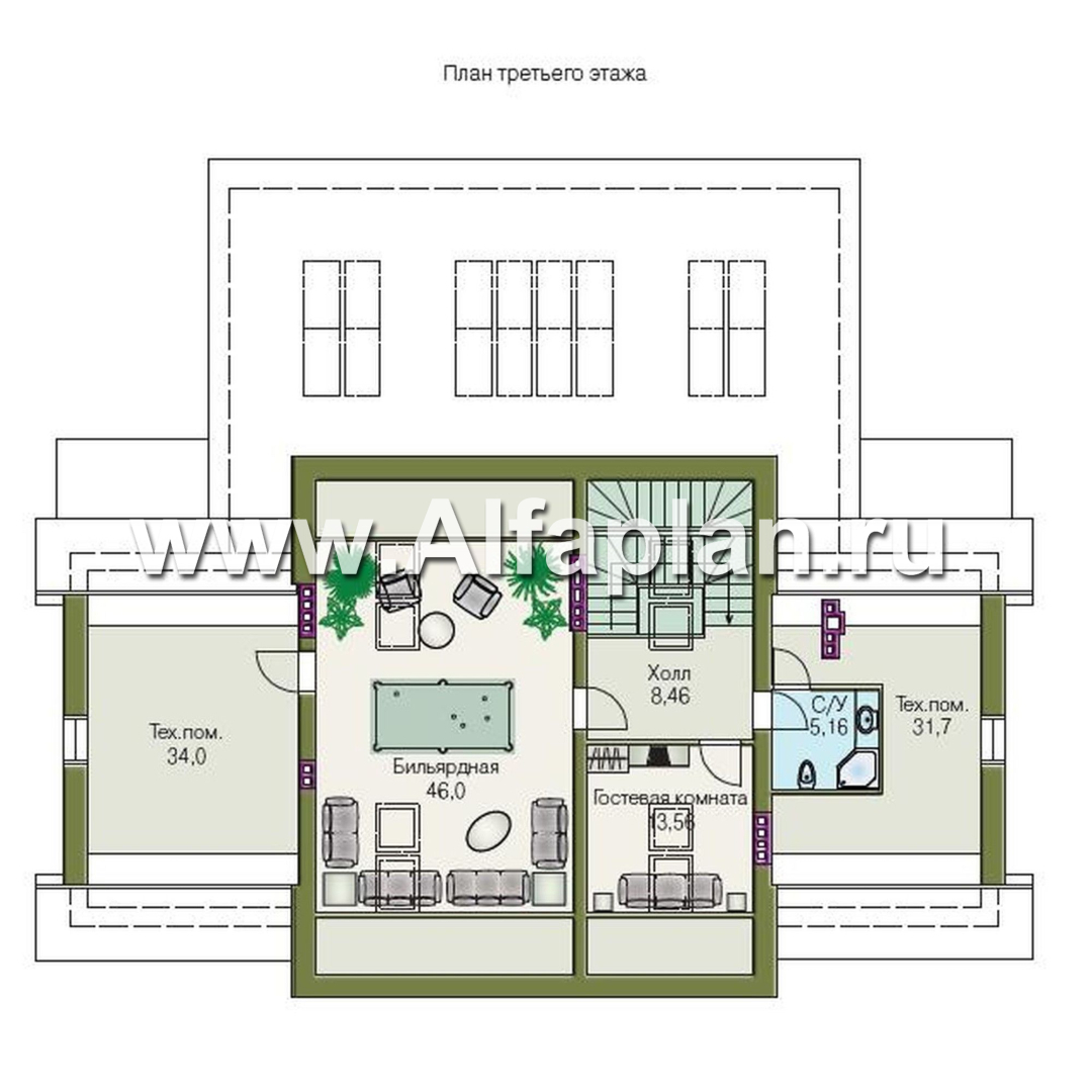Проекты домов Альфаплан - «Поместье» - проект двухэтажного дома, с мансардойи двусветной гостиной, вилла в классическом стиле - план проекта №4