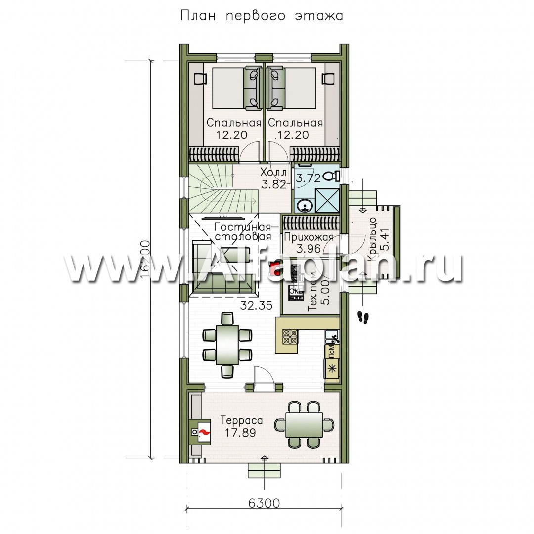 «Омега» - проект двухэтажного каркасного коттеджа, с террасой и барбекю, план дома с 5-ю спальнями - план дома