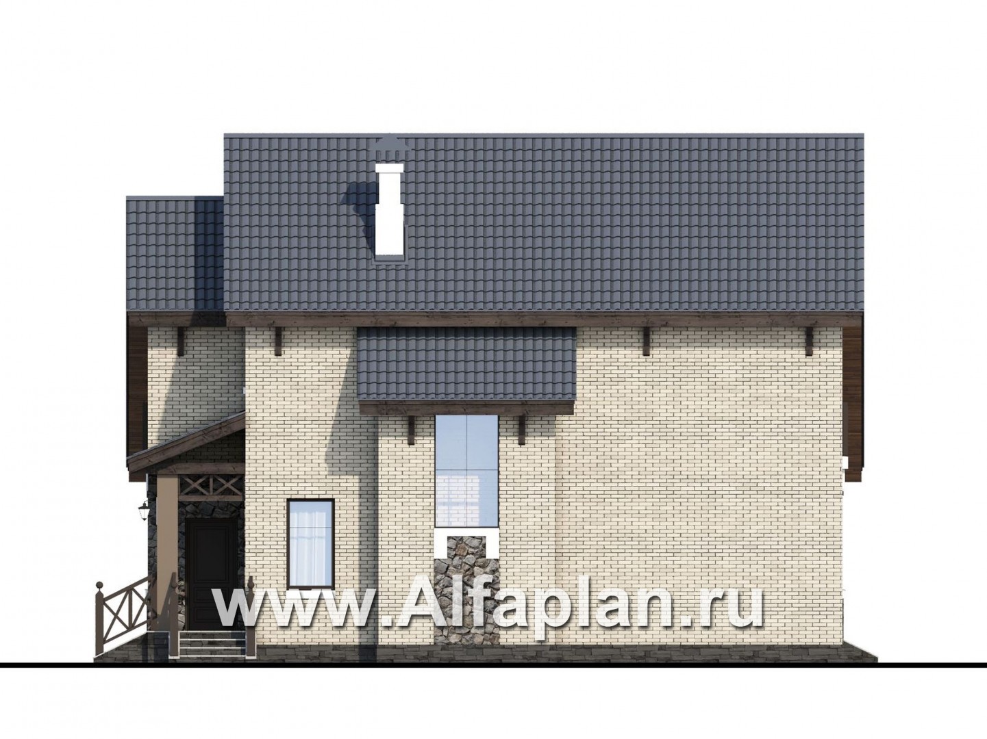 «Простор» -  проект двухэтажного дома из кирпича, планировка с высокой гостиной, в американском стиле - фасад дома