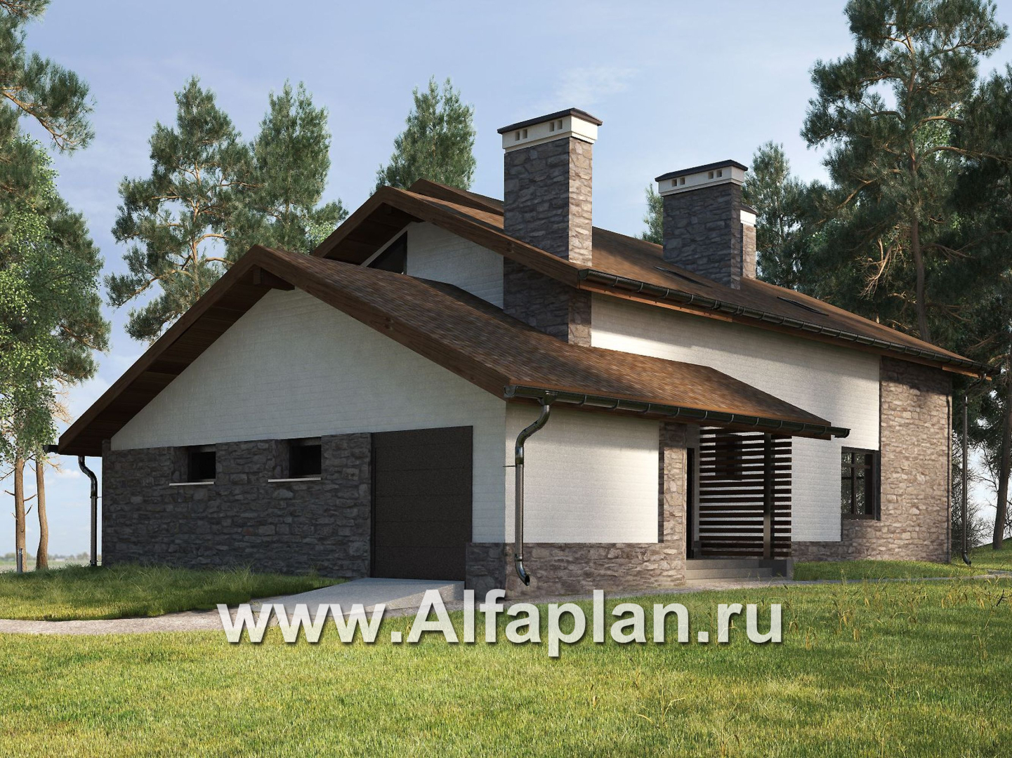 Проект дома с мансардой, план со спальней на 1 эт и мастер спальня на 2 эт, с террасой и гаражом, в современном стиле - дизайн дома №1