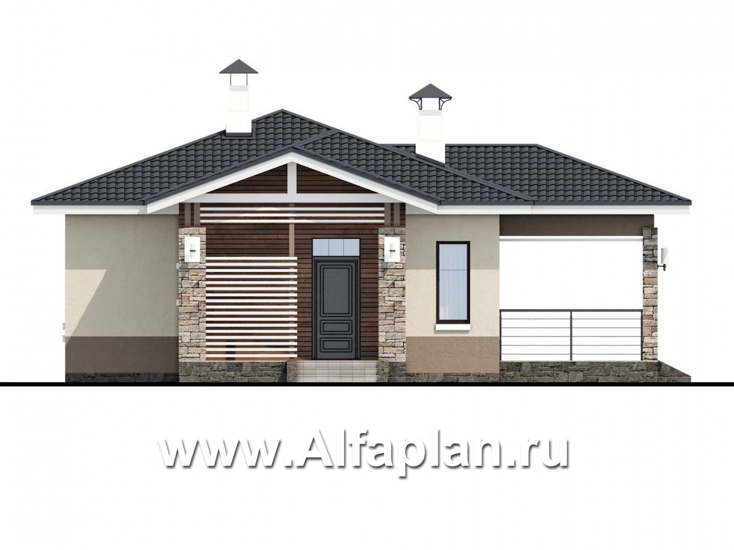 Проекты домов Альфаплан - «Мелета» - проект одноэтажного дома из газобетона, 2 спальни, с террасой, в современном стиле - изображение фасада №1