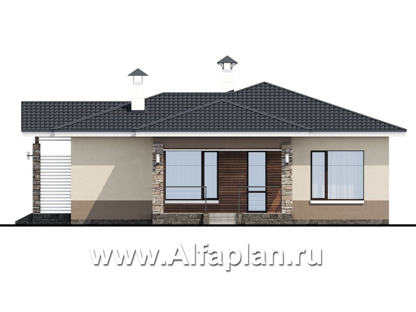 Проекты домов Альфаплан - «Мелета» - проект одноэтажного дома из газобетона, 2 спальни, с террасой, в современном стиле - изображение фасада №2
