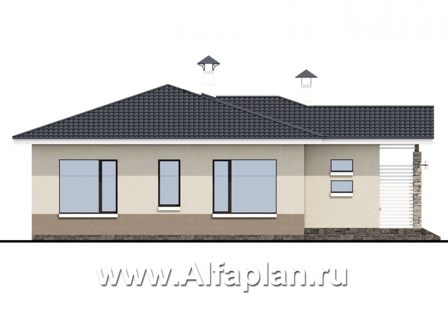 Проекты домов Альфаплан - «Мелета» - проект одноэтажного дома из газобетона, 2 спальни, с террасой, в современном стиле - изображение фасада №3