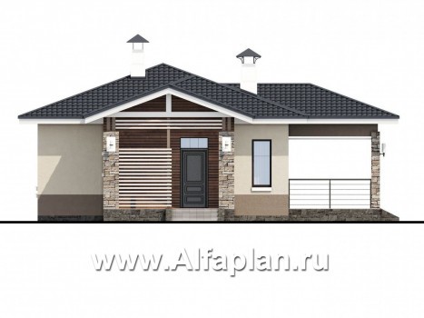 Проекты домов Альфаплан - «Мелета» - проект одноэтажного дома из газобетона, 2 спальни, с террасой, в современном стиле - превью фасада №1