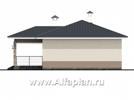 Проекты домов Альфаплан - «Мелета» - проект одноэтажного дома из газобетона, 2 спальни, с террасой, в современном стиле - превью фасада №4