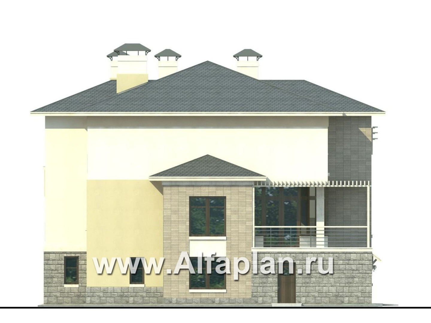 Проекты домов Альфаплан - «Три  семерки» - проект трехэтажного дома, гараж в цоколе, второй свет и панорамные окна, современный дизайн дома - изображение фасада №3
