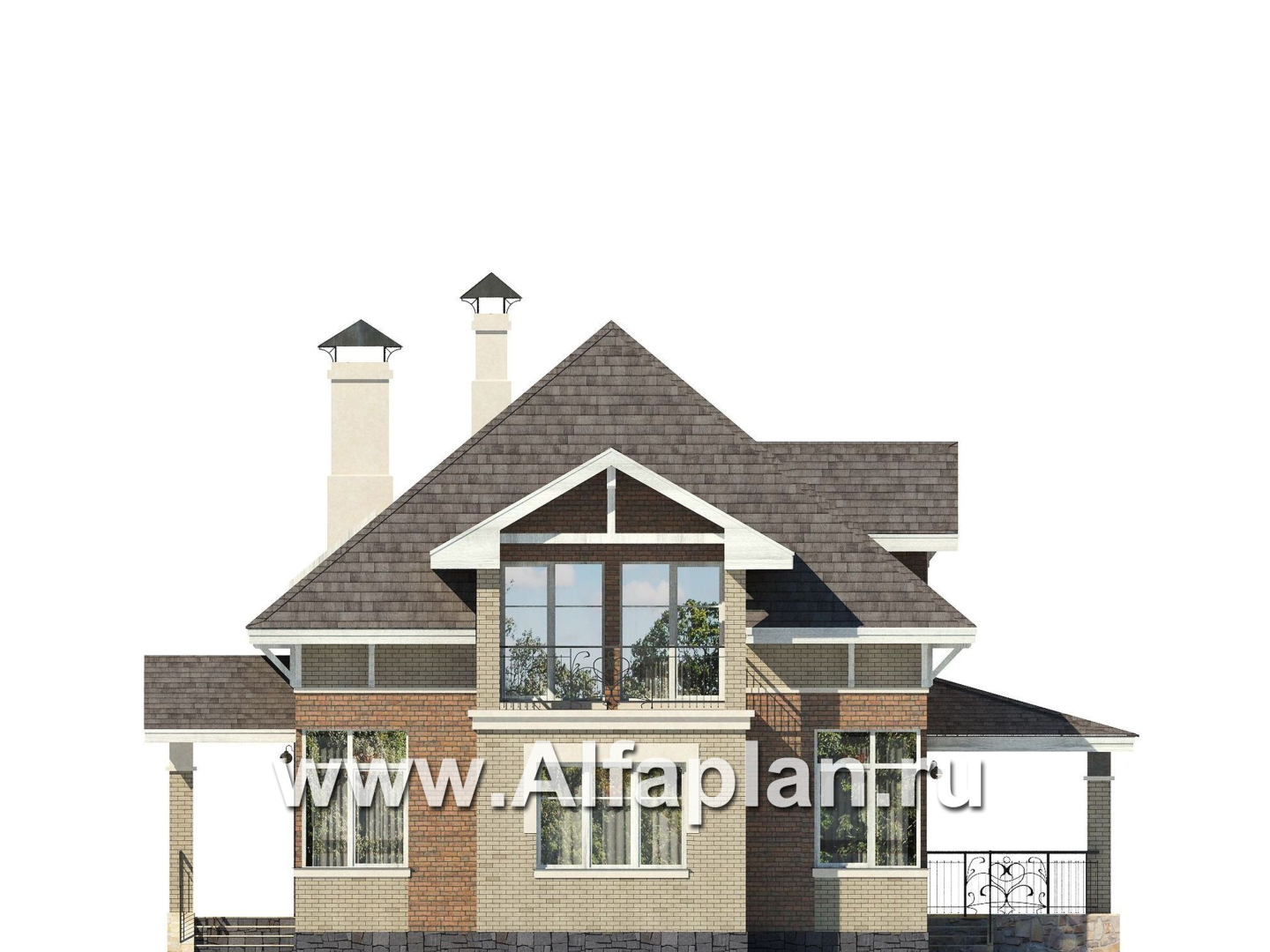 «Воплощение» - проект дома с мансардой из газоблоков, планировка с кабинетом на 1 эт, коттедж под пирамидальной кровлей - фасад дома